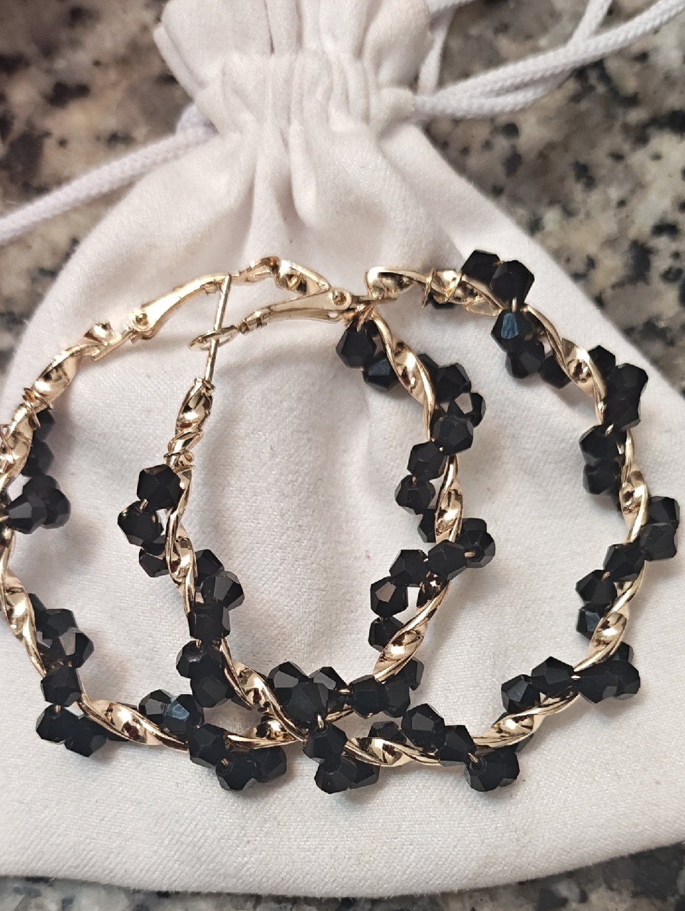 Gold Hoop Earrings with Black Beaded Accents